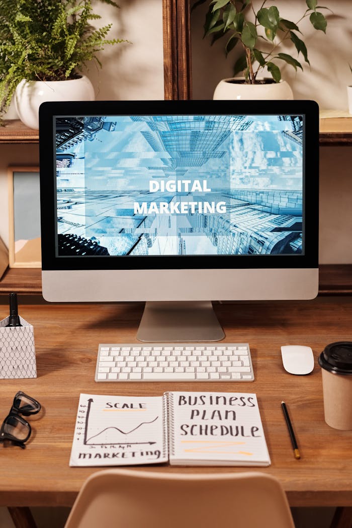 cta-02 Contemporary office setup featuring digital marketing strategy on a computer screen, ideal for business technology themes.